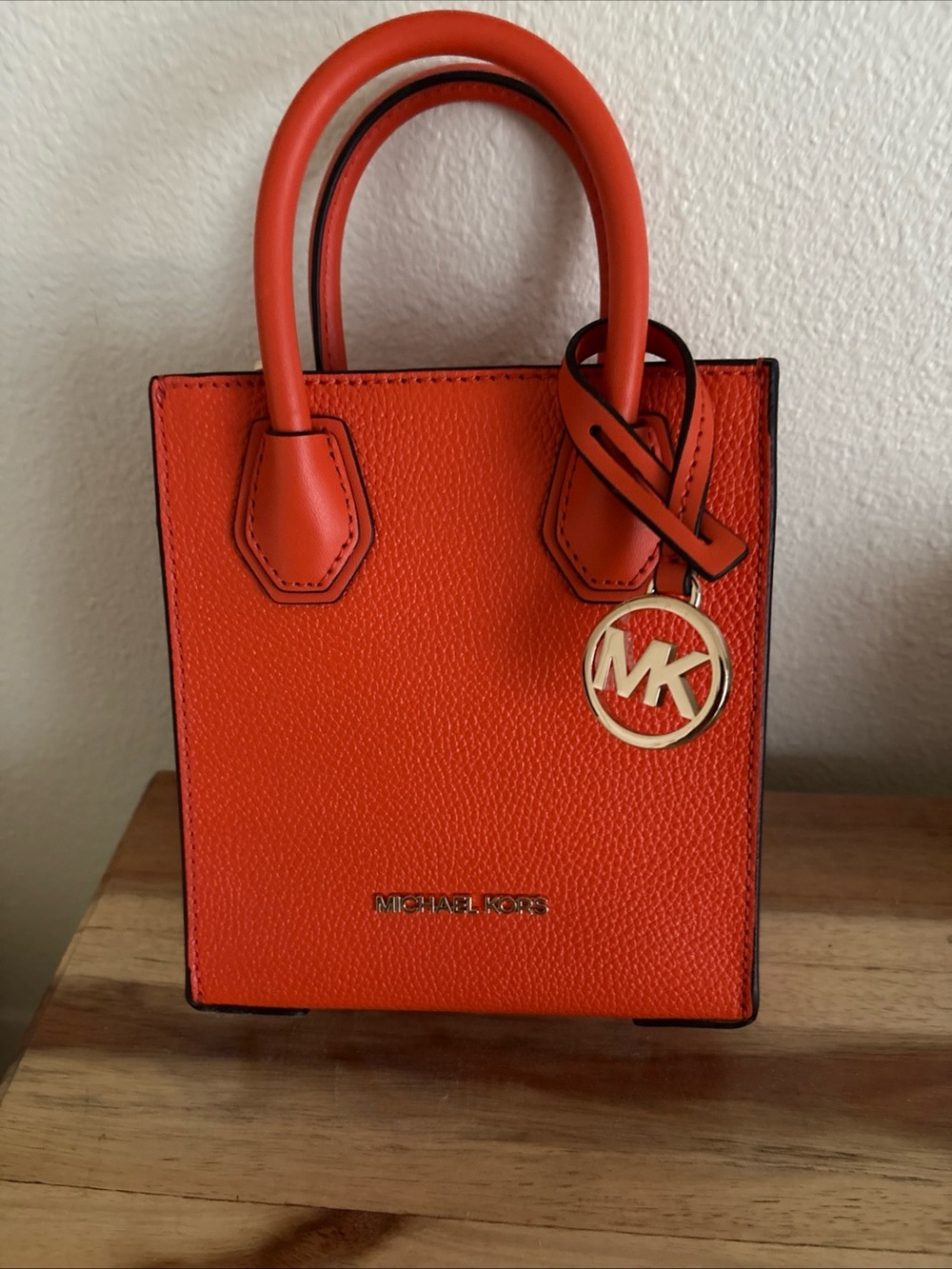 Michael Kors Orange Leather Mini Tote with Gold MK Charm. Crossbody.